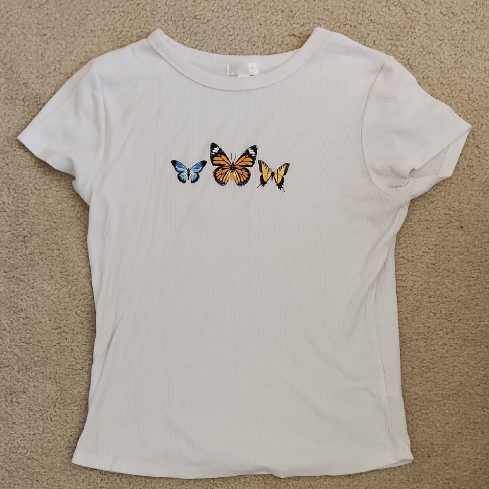 White Butterfly Print Kids T-Shirt